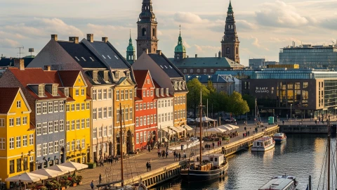 Nyhavn i København med oversigt over kanael og rådhuset i baggrunden - Seektreat